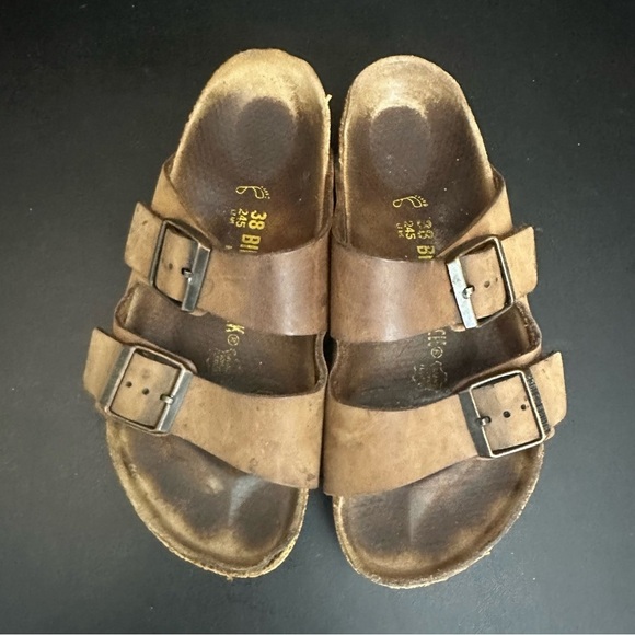 Birkenstock Arizona Slip On Brown Soft Leather 38 Two Adjustable Straps *Read* - Picture 8 of 11